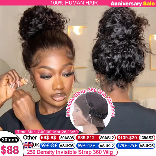 250 Density Invisible Strap 360 HD Full Lace Glueless Wig Deep Wave Frontal Wig Human Hair 30 Inch Water Wave Lace Front Wig