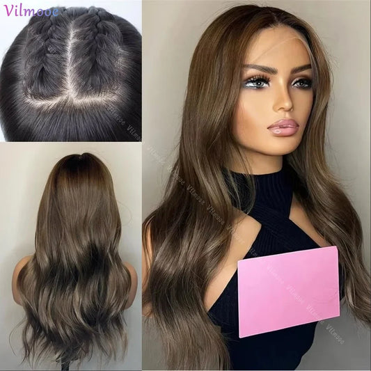 Transaprent Glueless Soft Dark Brown Wave Silk Base Lace Wigs